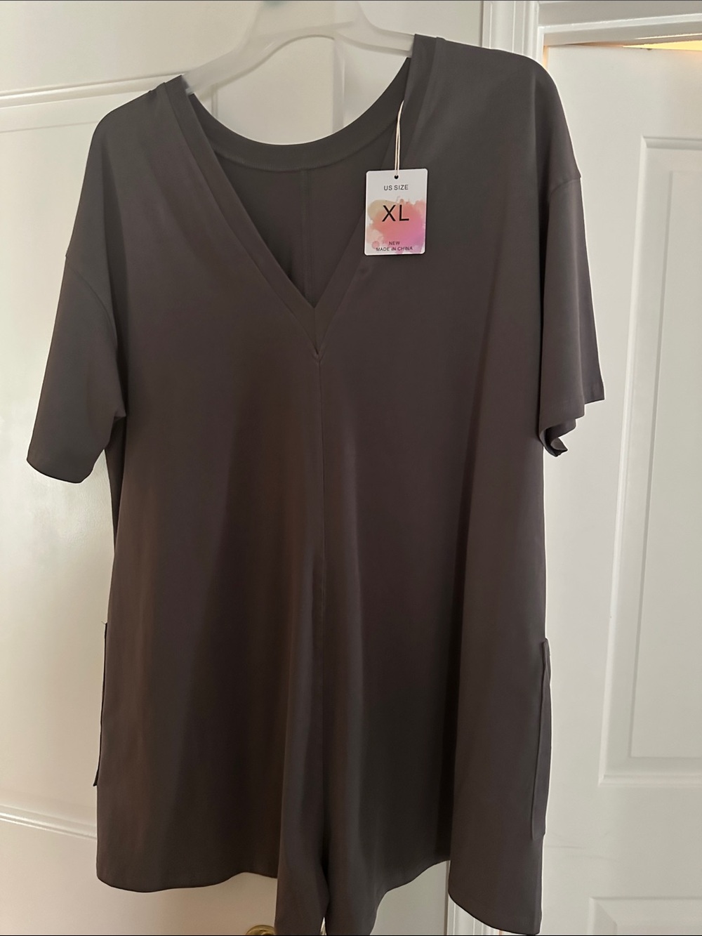 V-Neck Short Sleeve Tunic Romper in Dark Gray